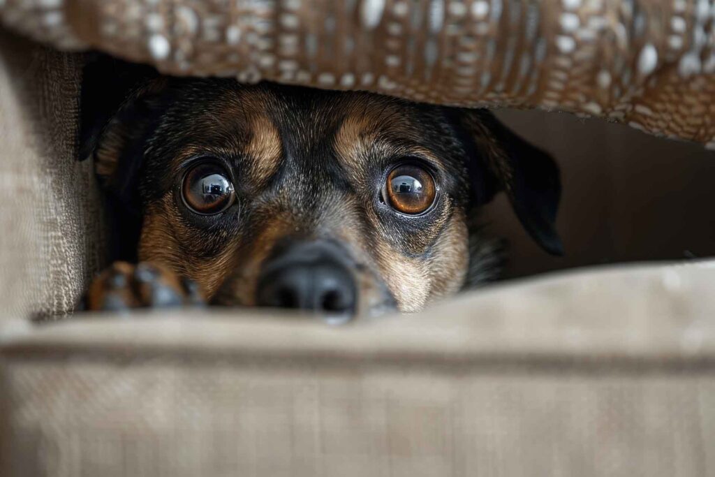 Un perro que se esconde de una tormenta